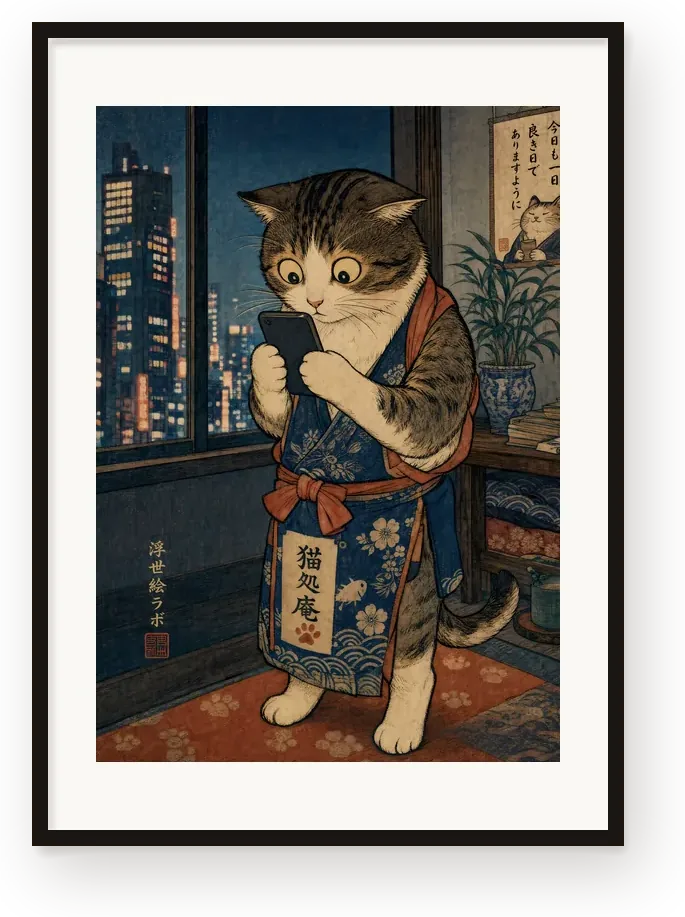 今様浮世絵「スマートフォンを見る猫」を額装したポスターの見本