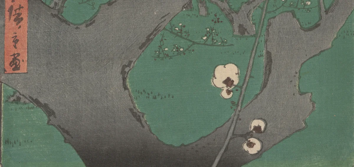 画面下を斜めに横切る、灰色の太い梅の幹と、緑の地面に咲く梅の花の部分